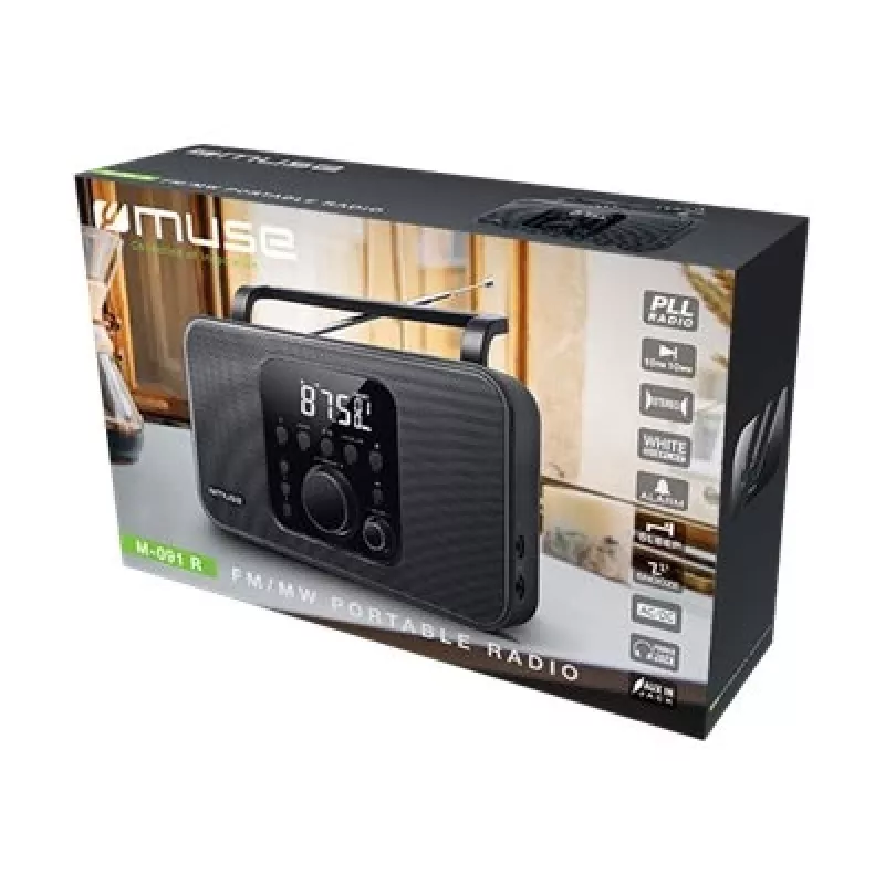 Tragbares Radio Muse M-091 R — FM/AM, LCD-Anzeige, Netz- oder AA/D-Batteriebetrieb, Drehregler-Lautstärke, 1,1 kg, schwarz