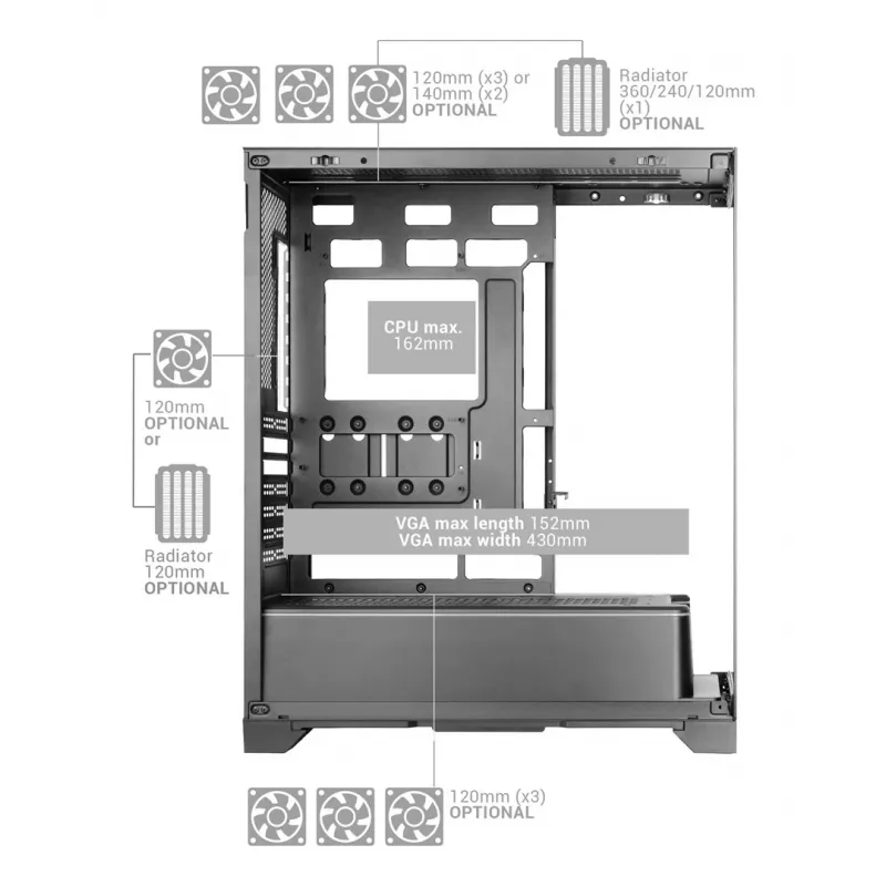 TACENS Mars Gaming MCPRISMA Midi-Tower PC-Gehäuse, Schwarz, gehärtetes Glas, unterstützt ATX/Micro-ATX/Mini-ITX, 2x 3,5-Zoll + 2x 2,5-Zoll Schächte