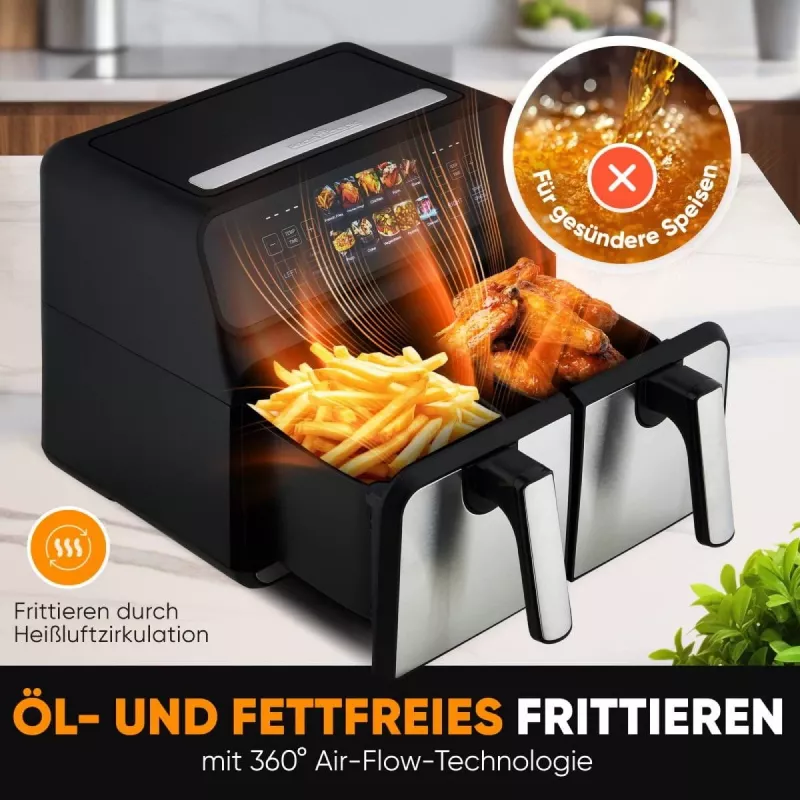 Heißluftfritteuse ProfiCook PC-FR 1287 H — Doppel-8 L, 2200 W, Touch-LED, schwarz/Edelstahl