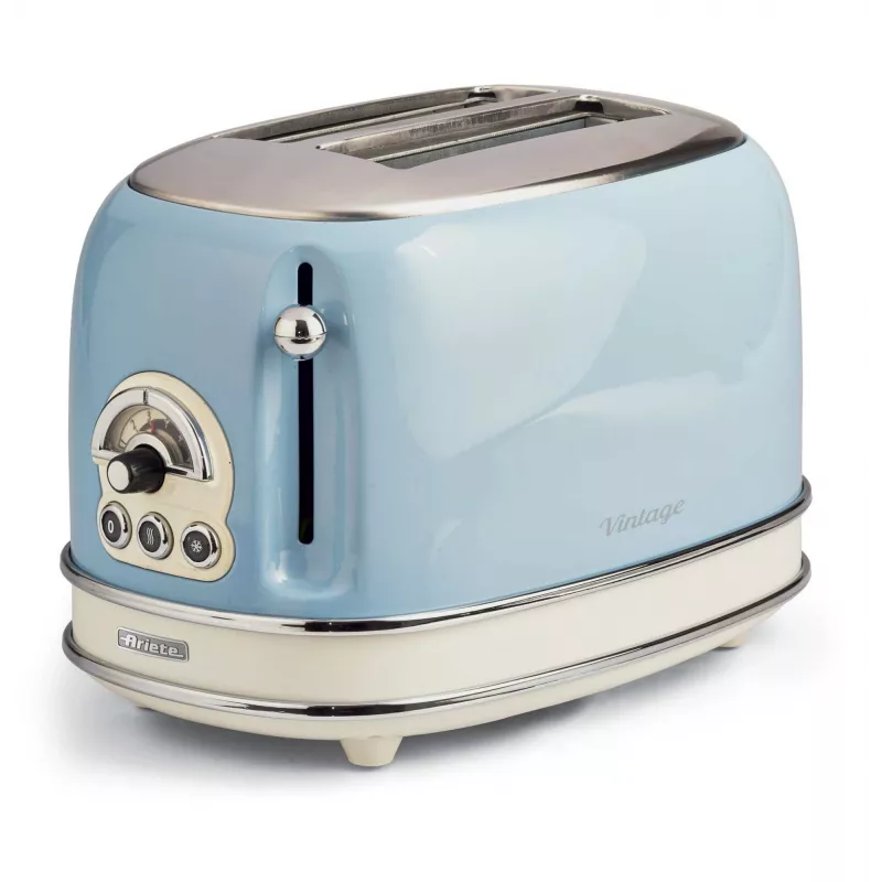 Ariete 155 Design 2-Scheiben-Toaster mit Sandwich-Körben, 6 Bräunungsstufen, 810 W, Edelstahlgehäuse, herausnehmbare Krümelschublade, Pastellblau