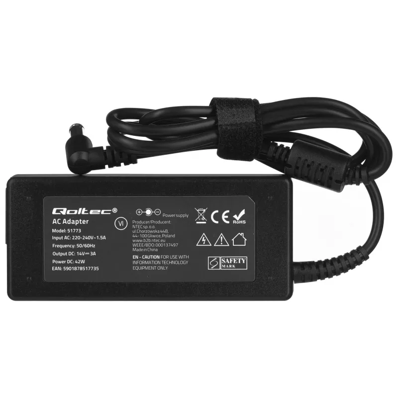 Mobiles Ladegerät QOLTEC 51773, 42W, 14V 3A, Eingang 220–240V 50/60Hz, schwarz, 1,19m Kabel