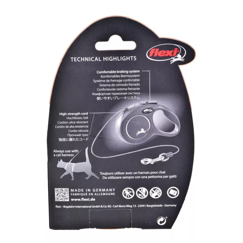 Rollleine Flexi New Classic Cat XS 3 m — Schnurleine für kleine Haustiere, schwarz, max. Belastung 8 kg