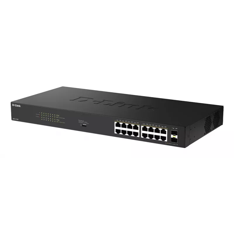 D-Link 18-Port Gigabit Unmanaged PoE Switch DGS-1018P/E — 16 x Gigabit RJ-45, PoE (IEEE 802.3af/at), 36 Gbit/s Switching-Kapazität