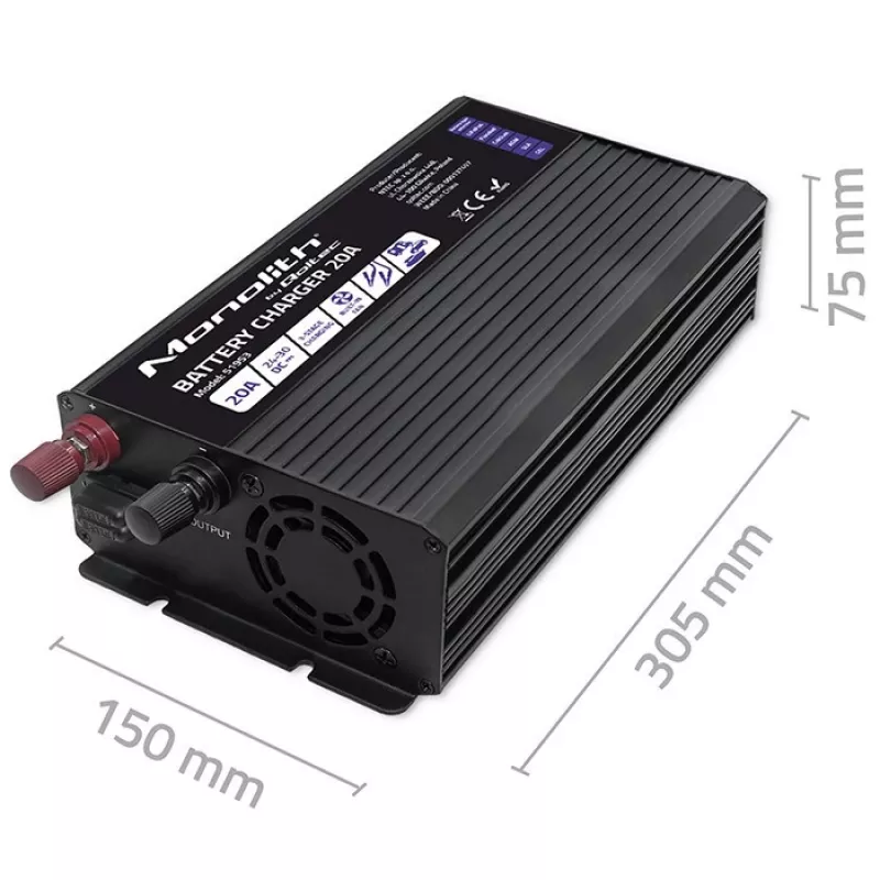 Qoltec Smart Monolith Batterieladegerät für LiFePO4 AGM GEL SLA Akkus | 20A | 24V