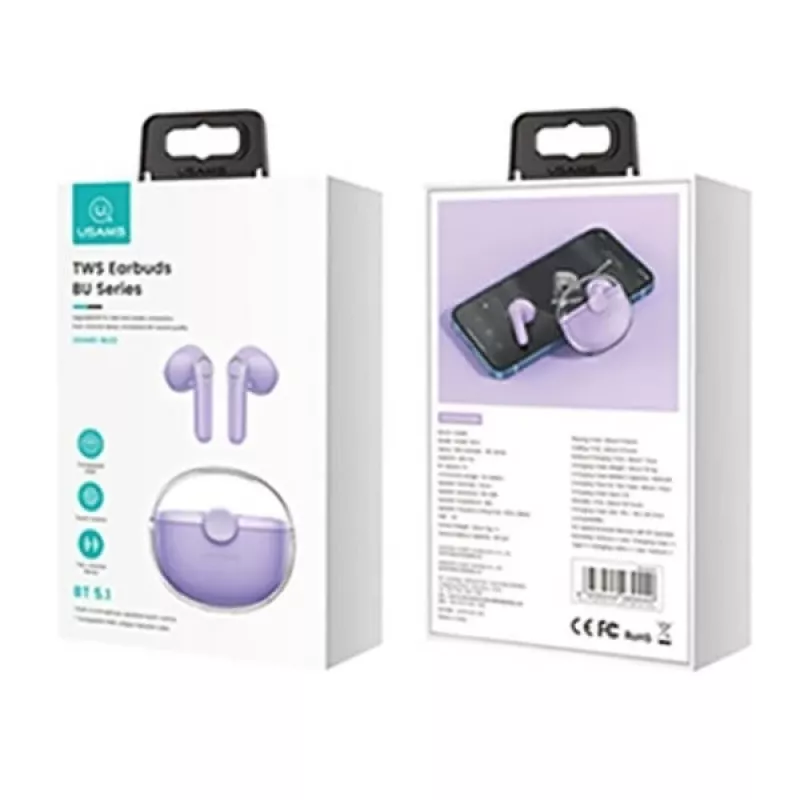 (Lila, Bluetooth Headphone 5.1) USAMS Bluetooth Headphone 5.1 Wireless TWS Earphone Touch Control Earbuds Waterproof Sport Headsets Noise Reduction