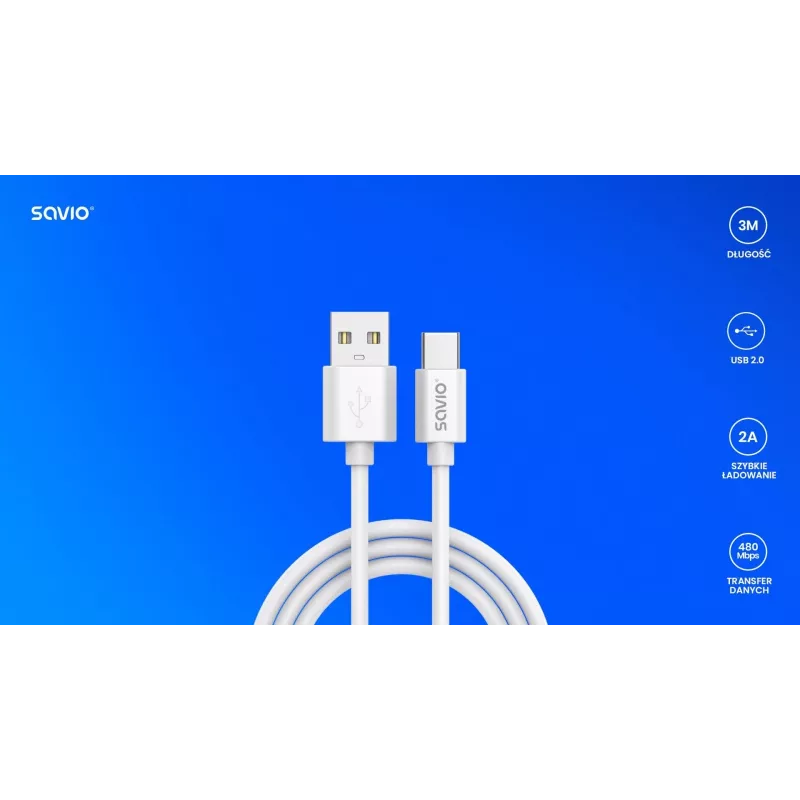 USB 2.0-Kabel SAVIO CL-168, USB A (Stecker) auf USB C (Stecker), 3 m, weiß
