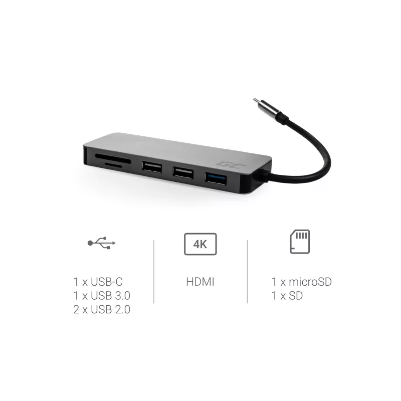 Green Cell AK50 - USB 3.2 Gen 1 (3.1 Gen 1) Type-C - USB 2.0 - USB 3.2 Gen 1 (3.1 Gen 1) Type-A - USB 3.2 Gen 1 (3.1 Gen 1) Type-C - MicroSD (TransFlash) - SD - Silber - Apple MacB