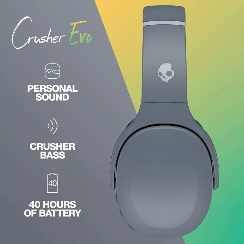 Kopfhörer Skullcandy Crusher Evo — kabelgebunden & Bluetooth, grau, 40 Std. Akku, USB-C, AUX, faltbar