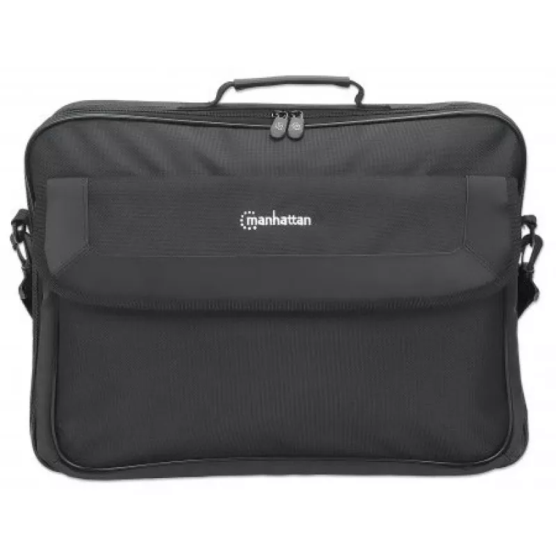 Manhattan Cambridge Laptoptasche 17,3 Zoll, Clamshell-Design, Schwarz, LOW COST, Zubehörfach, Dokumentenfach auf der Rückseite, Schultergurt (abnehmbar), entspricht Targus CN418EU, Notebook-Tasche, drei Jahre Garantie