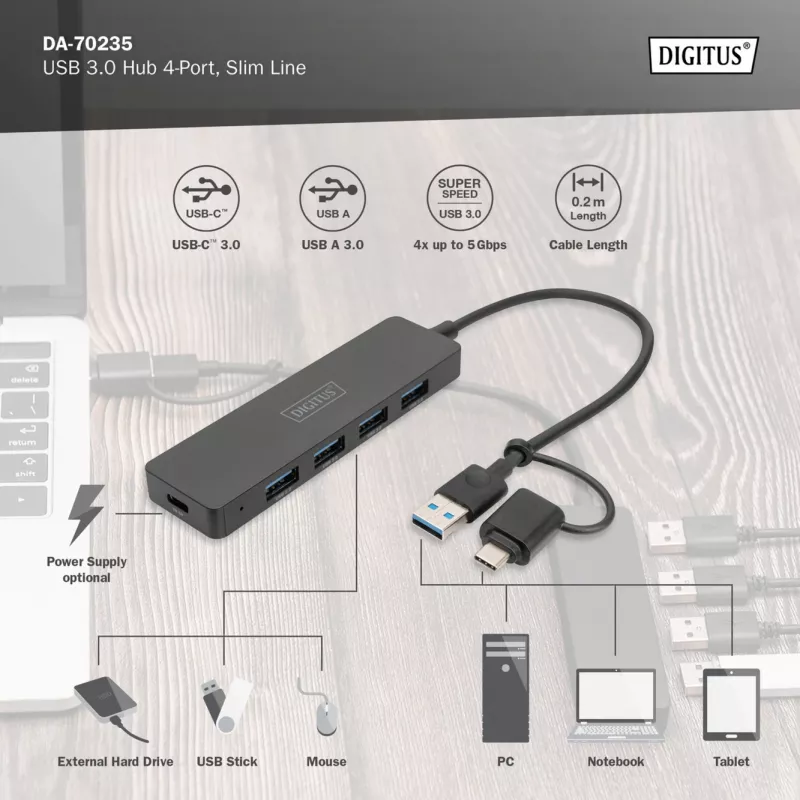 USB Hub, Digitus, DA-70235, 4-Port, USB 3.2 Gen 1, Type-A und Type-C, 12000 Mbit/s