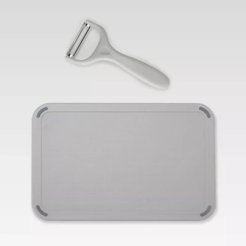 Messer-Besteckset Maestro MR-1413-Grau – 8-teilig, Edelstahlklingen, graue Griffe, enthält Kochmesser, Brotmesser, Schneidemesser, Universalmesser, Schälmesser, Sparschäler, Schneidebrett, Küchenpapierhalter