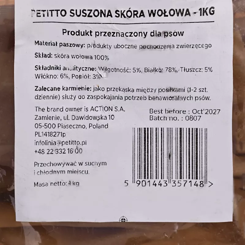 Hundeleckerli PETITTO getrocknete Rinderhaut, 1 kg Packung