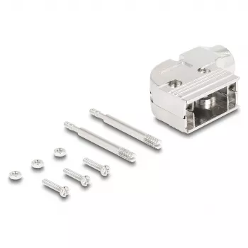 DELOCK D-Sub-Gehäuse 9‑polig abgewinkelt 90° Kabelzugentlastung, silberfarbener Kunststoff, 33×47×16 mm