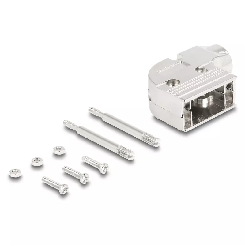 DELOCK D-Sub-Gehäuse 9‑polig abgewinkelt 90° Kabelzugentlastung, silberfarbener Kunststoff, 33×47×16 mm