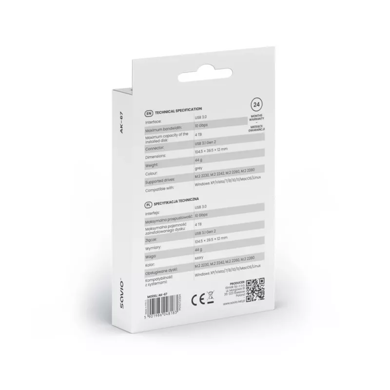 M.2 SSD-Gehäuse SAVIO AK-67 Grau, USB 10 Gbit/s, Unterstützung für einzelne M.2-Laufwerke