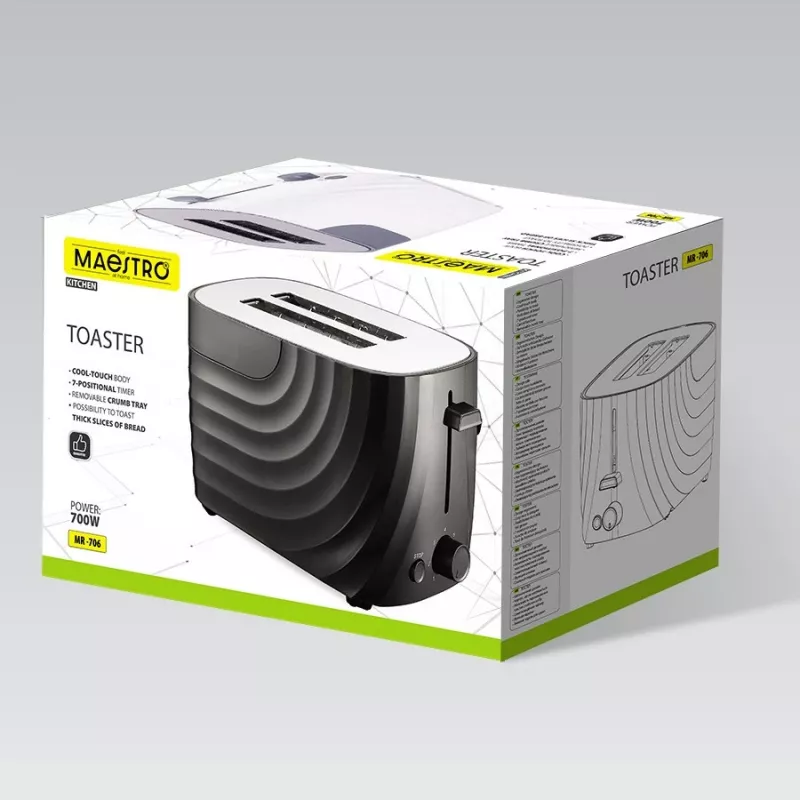 Toaster Maestro MR-706-Schwarz, schwarzer kompakter 2-Scheiben-Toaster
