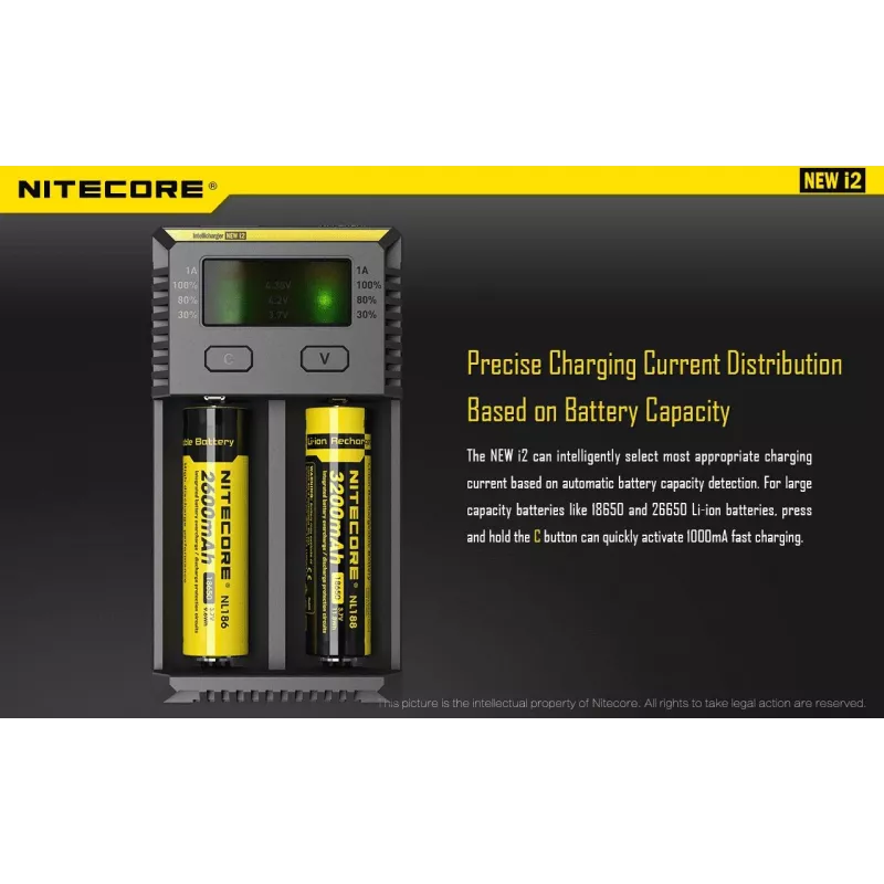 Batterieladegerät Nitecore NEW i2 — 2-Schacht-Ladegerät für LiFePO4, Li-Ion, NiMH; Eingang 100–240V; Ausgang 9–12V; unterstützt AAAA/C/D/AAA/AA; schwarz