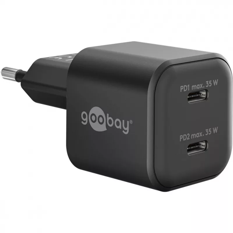 Wandladegerät GOOBAY 75333 — universelles AC-USB-C-Ladegerät für Innenräume, 2x USB-C, 35 W, Schwarz