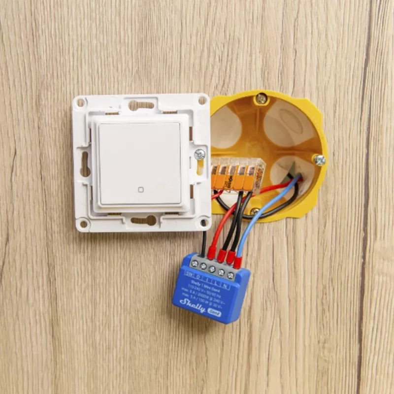 Intelligenter Schalter Shelly 1 Mini Gen4 1P kabellos 110–240 V 50–60 Hz 1,2 W Bluetooth Wi‑Fi ZigBee 34×16×29 mm