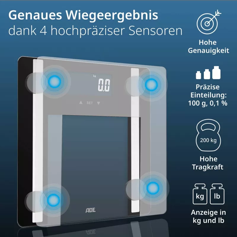 Badezimmer-Körperanalysewaage ADE Ines BA2300-1 — schwarz, Körperzusammensetzungsmessung
