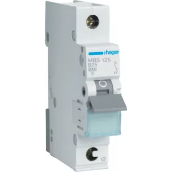 Hager MBS125. Bemessungsstrom: 25 A. Typ: B-Charakteristik, Modulanzahl (max.): 1 Modul(e). Breite: 17,5 mm, Tiefe: 70 mm, Höhe: 83,4 mm (MBS125)