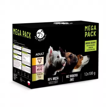 Nassfutter für Hunde Beutel PetRepublic 12 x 100 g — Huhn, Rind, Lamm