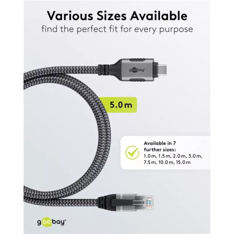 Ethernet-Kabel USB-C 3.2 Gen2 Stecker > RJ-45 Stecker (schwarz/Silber, 5 Meter, geflochtenes Textilmantel)
