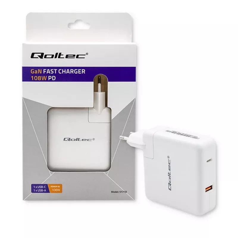 Qoltec GaN Charger FAST 108W | 5-20V | 3-4.7A | USB C | Weiß