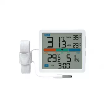 Thermometer‑Hygrometer MANTA MTO002W mit Außensensor (150 cm), innen 0–+50°C, außen -40–+70°C, Luftfeuchtigkeit 20–95% RH, Komfortindikator, Uhr