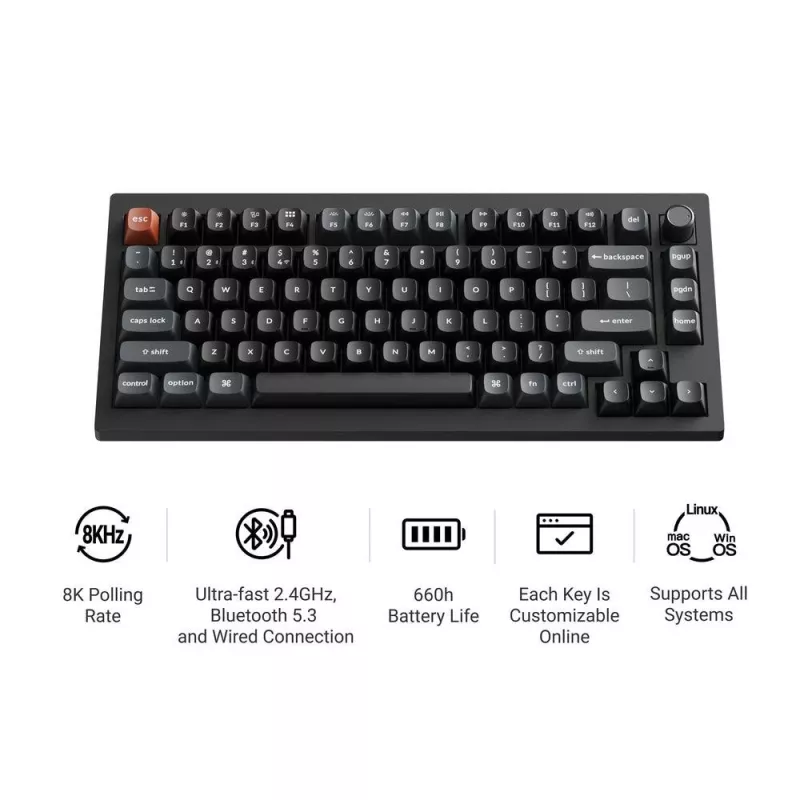 Mechanische 75%-Tastatur Keychron V1 Ultra 8K — QWERTY, Bluetooth & Kabel, RGB, Schwarz