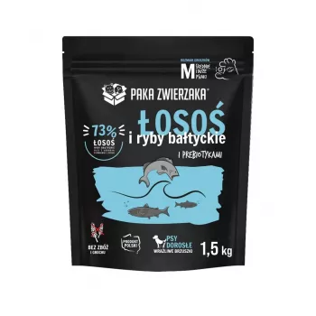 Trockenfutter für Hunde PAKA ZWIERZAKA Lachs mit Ostseefisch M — Erhaltungsfutter für ausgewachsene Hunde, 1,5 kg, getreidefrei, 29 % Protein