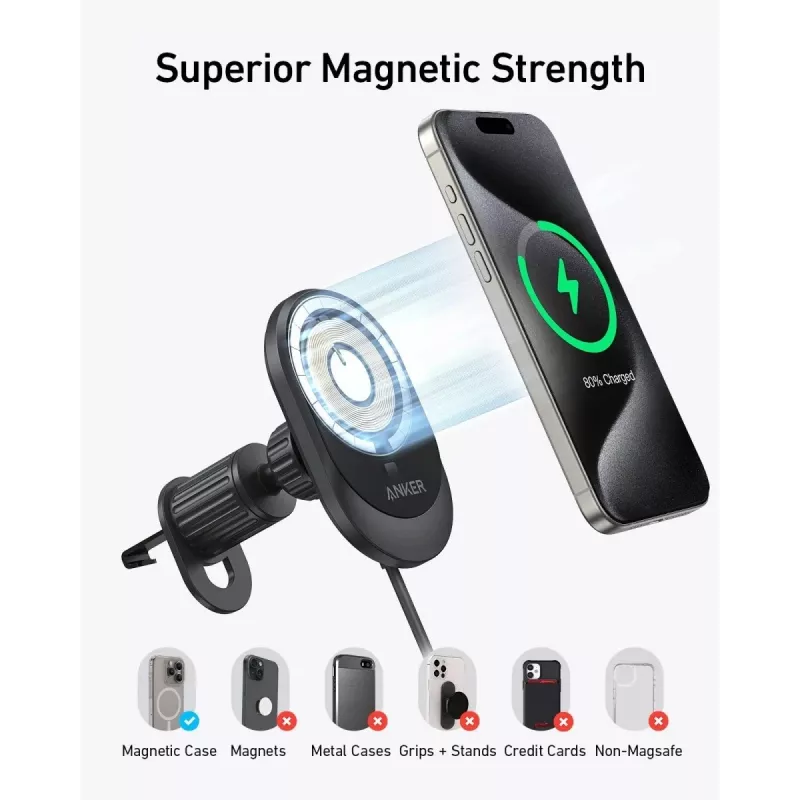 Kabelloses magnetisches Autoladegerät Anker MagGo 15W — Magnetisches 15W Qi-Schnellladen für Smartphones, Schwarz