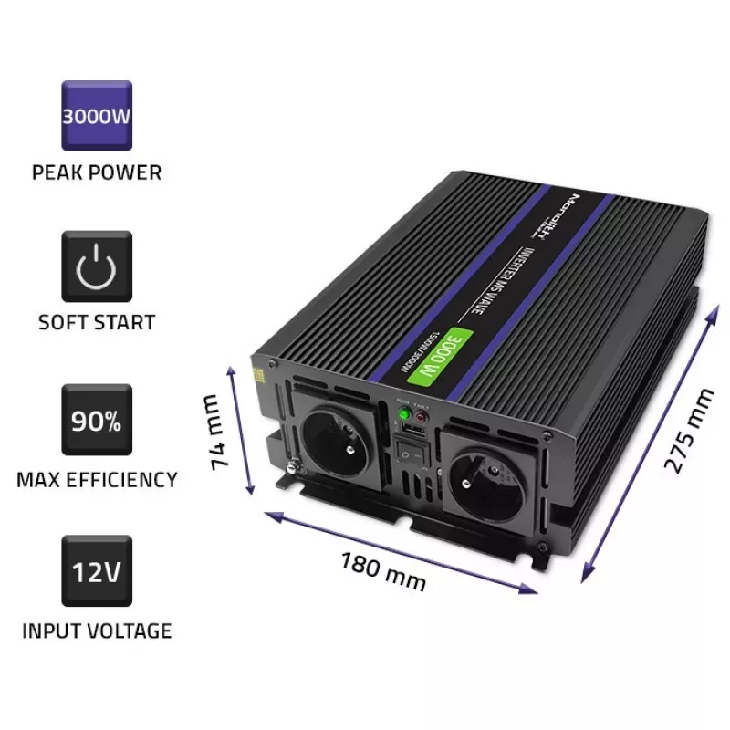 Wechselrichter QOLTEC Monolith 3000 MS Wave, 12V→230V, 1500/3000W, mit USB