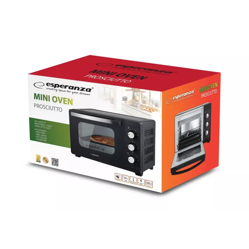 Mini-Backofen ESPERANZA EKO008N – 20 L, 1280–1300 W, bis 230 °C, 60-Minuten-Timer, Drehregler, Glastür, freistehend