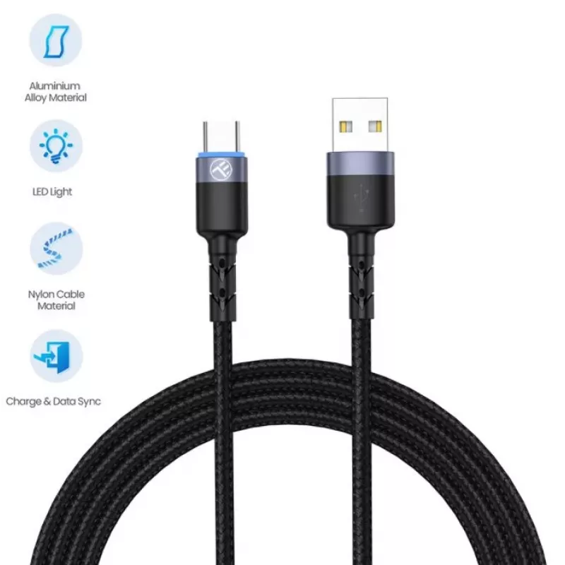 Datenkabel Tellur USB auf Type-C LED Nylongeflecht 1,2 m Schwarz