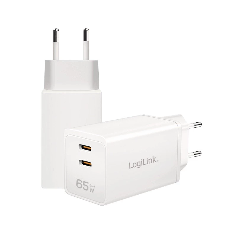 Dualer USB-Steckdosenadapter 65W, 2xUSB-C, weiß