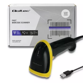 Hand-Barcodelesegerät QOLTEC 50867 — 1D/2D-Laserscanner, USB kabelgebunden, 600 mm Reichweite, gelb/schwarz