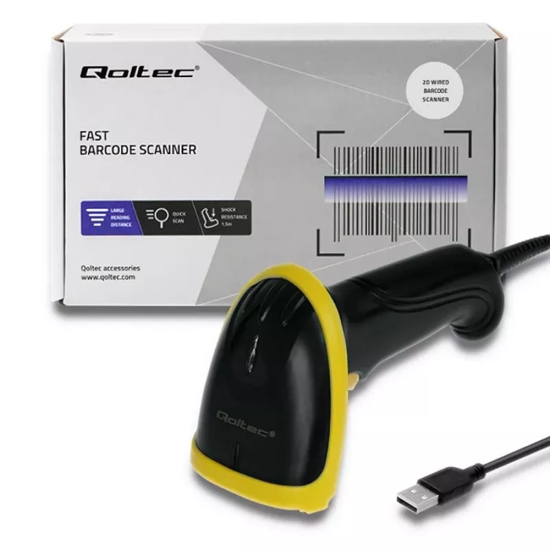 Hand-Barcodelesegerät QOLTEC 50867 — 1D/2D-Laserscanner, USB kabelgebunden, 600 mm Reichweite, gelb/schwarz