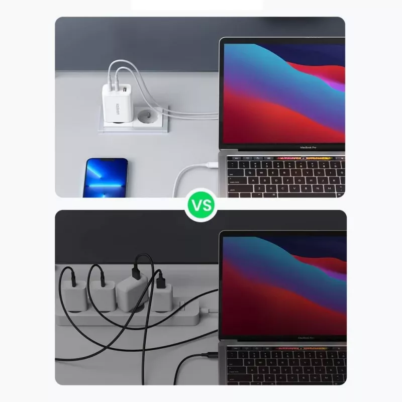 Wandladegerät UGREEN CD275 2× USB Type-C 65W Weiß — Dual-USB-C 65W Schnellladung, 100–240V Eingang