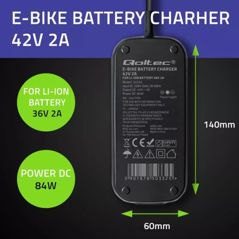 E-Bike-Ladegerät QOLTEC 50332 — 36V/42V Ausgang, 2A, 5,5×2,1 mm Stecker