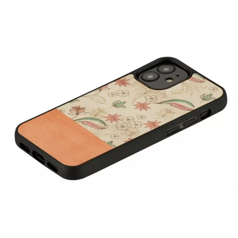 Schutzhülle Man and Wood für iPhone 12 mini — pinke Blume auf schwarz