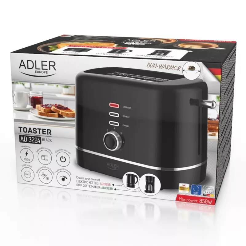 Adler AD 3224b Toaster mit Brötchenaufsatz 7 Bräunungsstufen schwarz