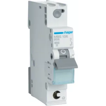 Hager MBS106. Bemessungsstrom: 6 A, Netzfrequenz: 50/60 Hz. Typ: B-Typ, Modulanzahl (max.): 1 Modul(e). Breite: 17,5 mm, Tiefe: 70 mm, Höhe: 83,4 mm (MBS106)