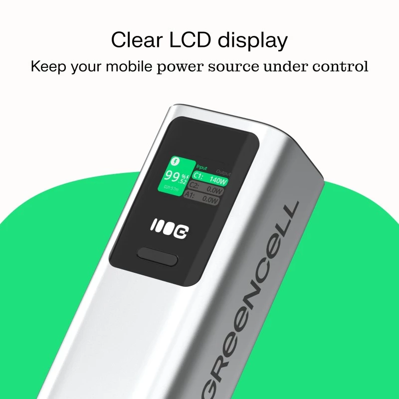 Tragbare Batterie Green Cell PBGC25UD, 25200 mAh, Li‑Ion, 140 W Gesamtleistung, 2× USB‑C + 1× USB‑A, OLED-Display, Aluminiumgehäuse