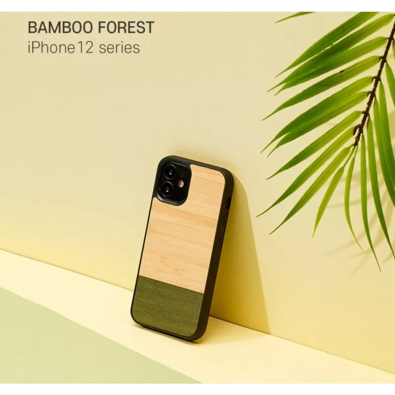 Handyhülle man and wood für iPhone 12 mini – Bambuswald Schwarz