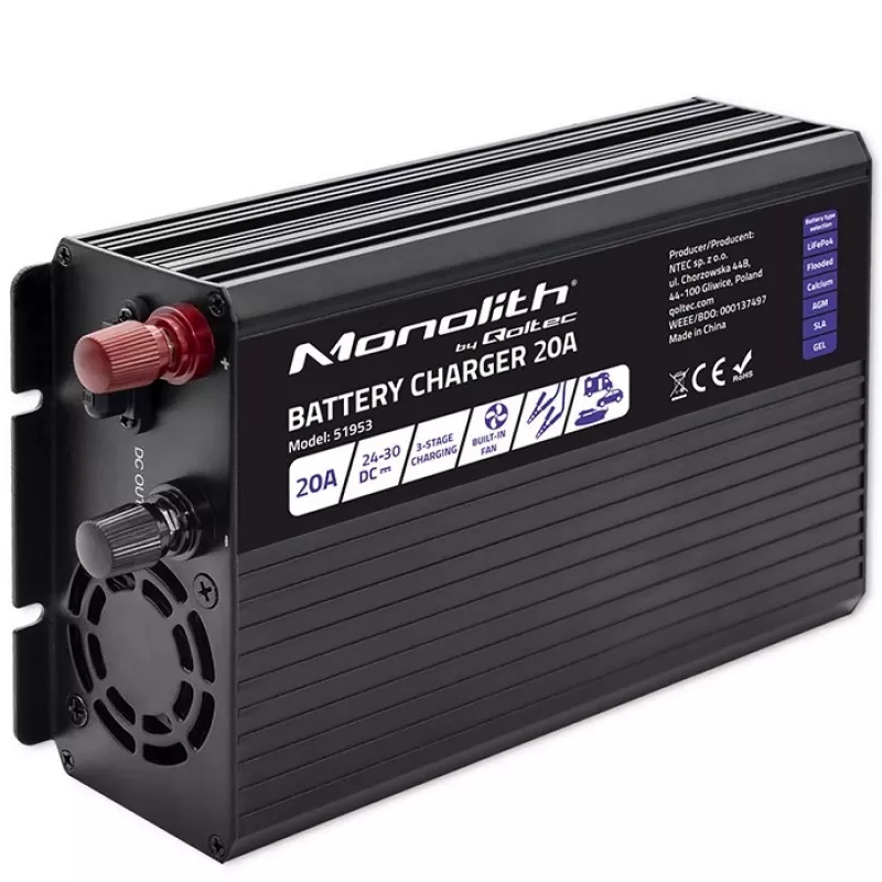Qoltec Smart Monolith Batterieladegerät für LiFePO4 AGM GEL SLA Akkus | 20A | 24V