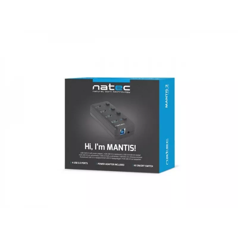 USB-Hub NATEC MANTIS USB 2.0 Type-B — 4x USB 3.2 Gen 1 Type-A Anschlüsse, schwarz, 0,8 m Kabel, Netzteil, Netzschalter