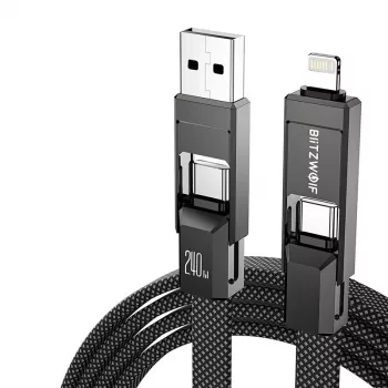 4-in-1-Kabel BlitzWolf BW-HDC7 — USB-C, Lightning, USB-A, Micro-USB 1,2 m 240 W schwarz