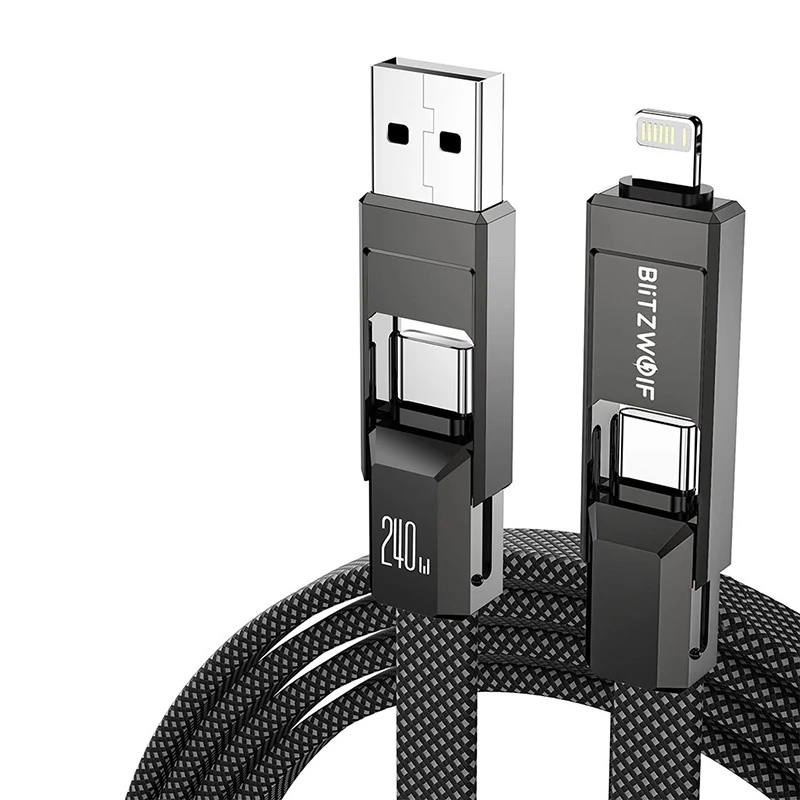 4-in-1-Kabel BlitzWolf BW-HDC7 — USB-C, Lightning, USB-A, Micro-USB 1,2 m 240 W schwarz