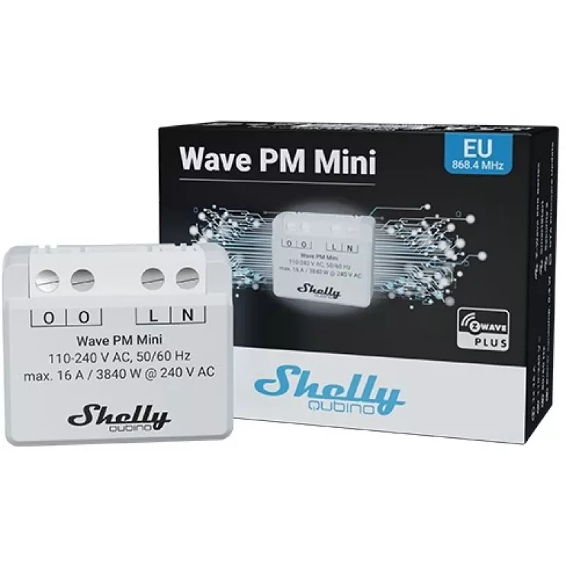 Intelligenter Schalter Shelly Qubino Wave PM Mini grau, kabellos, 110–240 V, 16 A, 24–30 V DC, 868,4 MHz